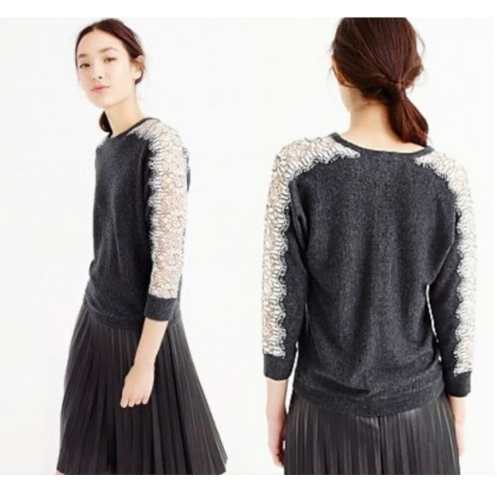 J Crew Lace Sleeve Wool Blend Sweater Size M Heather Charcoal Casual Dolman
